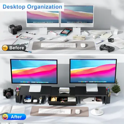 Demonstrates the transformation of a cluttered desk to an organized workspace, highlighting the benefits of using a desk organizer product.