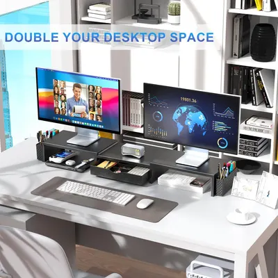Demonstrates how the product enables a dual monitor setup and organizes the workspace, effectively doubling usable desktop space. Highlights the key benefit of doubling desktop space, emphasizing…