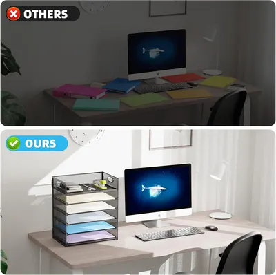 Demonstrates how the product improves workspace organization compared to a cluttered alternative.