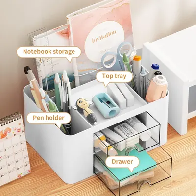 Showcases the product's various storage compartments and organizational features to appeal to customers looking for an efficient desk organizer.