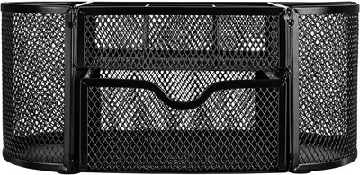 Shows the different compartments and sections of the desk organizer, highlighting its organizational capabilities.