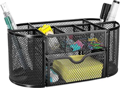 Shows the various compartments and storage options included in the desk organizer, highlighting its versatility for storing different office supplies.