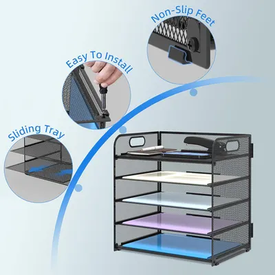 Highlights multiple key features of the desk organizer to show its functionality and ease of use.
