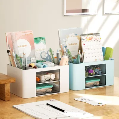 Showcases the various components included in the desk organizer set, demonstrating its capacity to store and organize multiple office supplies.