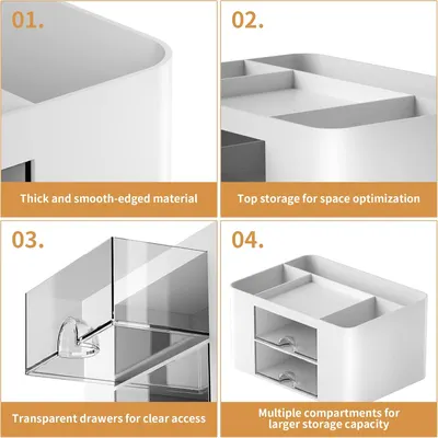 Showcases multiple features of the storage organizer, emphasizing its durability, efficient use of space, and versatile storage options.