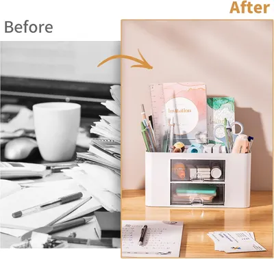 Demonstrates the transformation from a cluttered desk to an organized workspace using a storage solution.