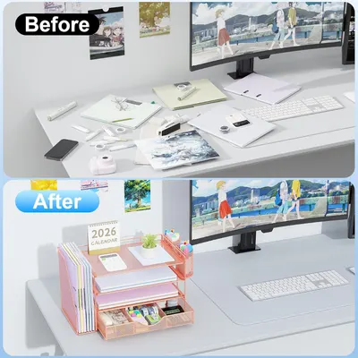 Demonstrates the transformation of a cluttered desk to an organized workspace, showcasing the effectiveness of the desk organizer product.