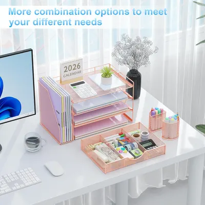 Showcases how the product can be used to organize various office supplies and create an efficient workspace.