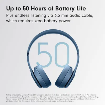 Highlights the long battery life of 50 hours to emphasize the product's longevity and convenience for extended use. Emphasizes the additional benefit of endless listening via 3.5mm audio cable…