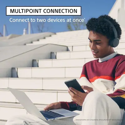 Highlights the product's ability to connect to two devices simultaneously, emphasizing convenience and versatility for users.