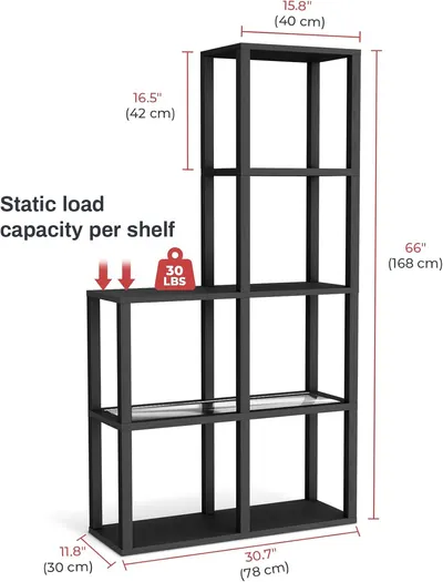 Provides exact measurements of the shelving unit and highlights the weight capacity per shelf to inform customers about its size and strength.