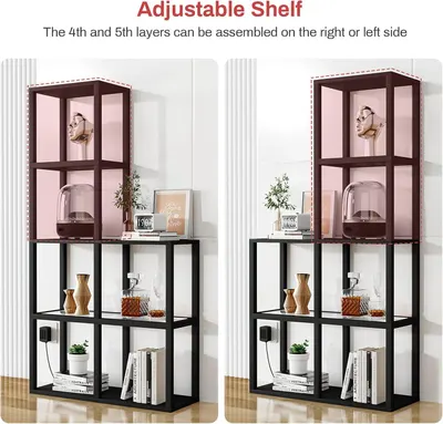 Demonstrates how the top two layers of the shelf can be assembled on either the right or left side, showcasing the product's versatility and customization options.