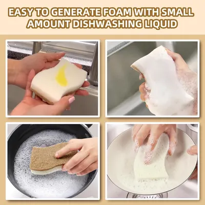 Demonstrates how easily the product generates foam with a small amount of dishwashing liquid, emphasizing its efficiency and effectiveness.