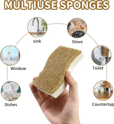 Demonstrates the versatility of the sponge by showing various surfaces and items it can clean, from sinks to windows to dishes.