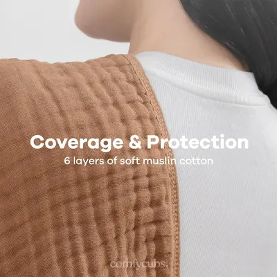 Highlights the product's coverage and protection features, emphasizing the 6 layers of soft muslin cotton for comfort and functionality.
