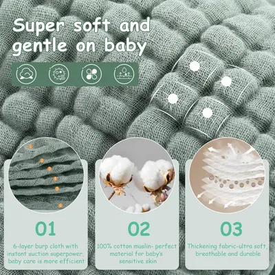 Highlights multiple features of the baby cloth to reassure parents about its quality and suitability for their baby's sensitive skin.