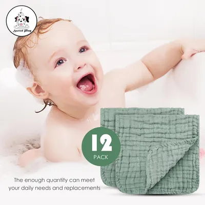 Highlights the 12-pack quantity and soft material of the baby washcloths, emphasizing convenience and comfort for daily use.