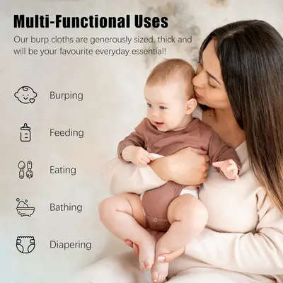 Demonstrates the versatility of the burp cloths for various baby care tasks, positioning them as an essential everyday item for parents.
