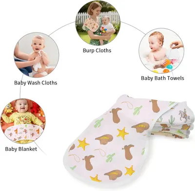 Demonstrates the various ways the product can be used for baby care, including as wash cloths, burp cloths, bath towels, and blankets.