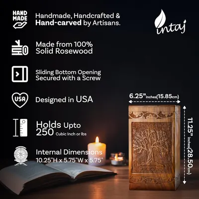 Highlights multiple key features and specifications of the wooden box to showcase its craftsmanship, quality, and practical details.