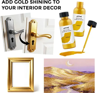 Demonstrates various ways to use gold metallic paint to upgrade interior decor items, showcasing the product's versatility.