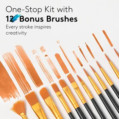 Highlights that the kit includes 12 bonus brushes, emphasizing the value and completeness of the set for artists. Emphasizes that every brush stroke inspires creativity, appealing to artists' desire…