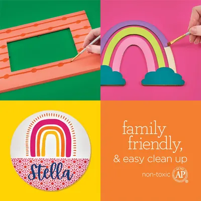 Highlights multiple benefits of the product, emphasizing its suitability for families, ease of cleaning, and safety. Shows how the product is used through visual examples of painting different…