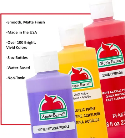 Highlights multiple key features and benefits of the Apple Barrel acrylic paint to showcase its quality and versatility for potential buyers.