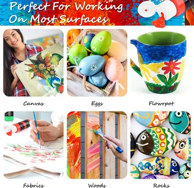 Demonstrates the product's versatility by showing various surfaces and objects it can be used on for painting or crafting.
