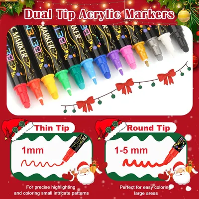 Highlights the dual-tip feature of acrylic markers while tying it to Christmas-themed crafting and decorating. Showcases the dual-tip functionality and wide color range of the markers for different…