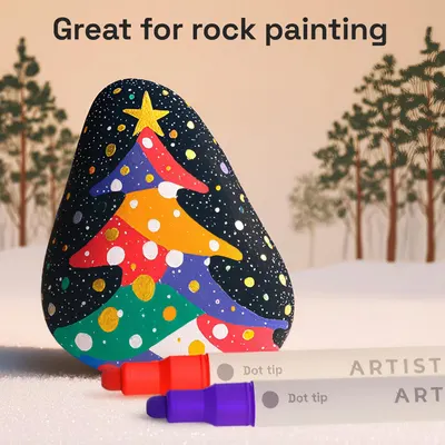 Demonstrates a creative use case for the product, showing how it can be used for detailed rock painting projects. Highlights the product's dot tip feature, which allows for creating detailed designs…