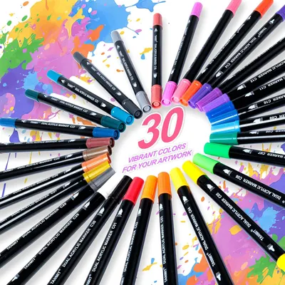 Showcases the wide range of 30 vibrant colors available in the marker set, emphasizing the product's versatility for various artistic applications.