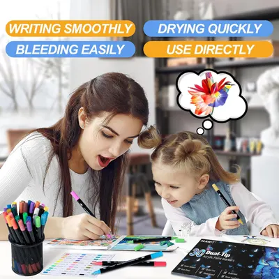 Highlights multiple key features of the markers to showcase their versatility and ease of use for various art projects.
