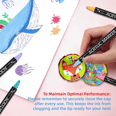 Instructs users on how to maintain the performance of the acrylic markers by closing the cap after each use. Showcases the various creative applications of the acrylic markers, from detailed…