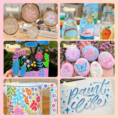 Demonstrates the variety of materials that can be painted or decorated using the product, encouraging creative use across different mediums.