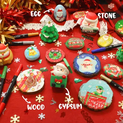 Showcases various Christmas-themed craft items to inspire holiday creativity and DIY projects. Displays the range of materials and finished products included in a Christmas craft kit.