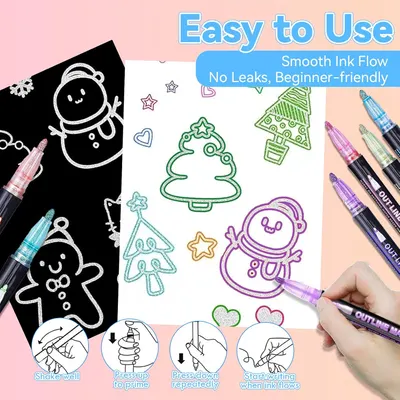 Demonstrates the simple steps to use the outline marker pens, emphasizing their ease of use and beginner-friendly nature. Highlights the main benefit of the product being easy to use, with smooth…