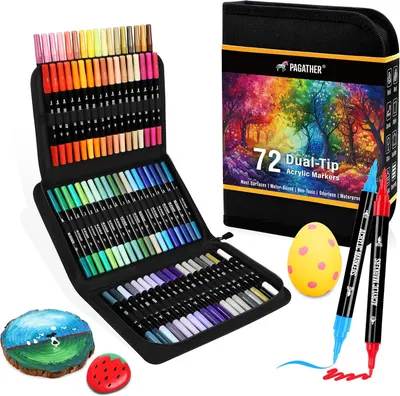 Shows the complete set of markers included in the package, highlighting the variety of colors and convenient storage case.