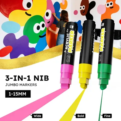 Showcases the versatility of the markers with multiple nib sizes and vibrant color options for creative projects. Demonstrates the markers' suitability for creating large, colorful artworks and…