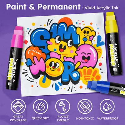 Highlights multiple key features of the acrylic ink markers to showcase their versatility and quality for various art projects.
