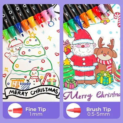 Showcases the product's versatility for creating detailed Christmas artwork, appealing to holiday crafters and artists. Demonstrates the different effects achievable with the fine tip and brush tip,…