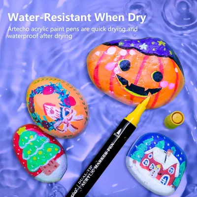 Highlights the water-resistant property of the acrylic paint pens when dry, reassuring customers about the durability of their artwork.