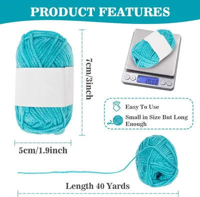Highlights multiple key features of the yarn product, including its compact size, long length, precise weight, and ease of use.
