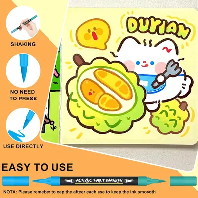 Demonstrates the simple steps to use the acrylic paint marker, emphasizing its ease of use without needing to press or shake. Highlights multiple benefits of the paint marker, including no need for…