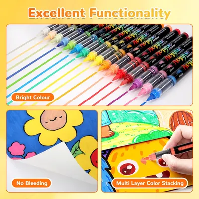 Showcases multiple key features of the markers to demonstrate their versatility and quality for various artistic applications.