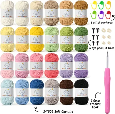 Shows the complete set of yarn colors and crochet accessories included in the package, helping customers understand the full value of the product.