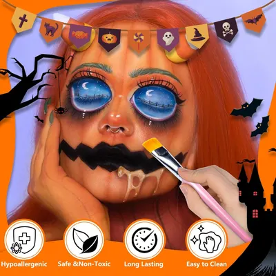 Showcases the product's suitability for creating elaborate Halloween makeup looks, emphasizing its seasonal relevance. Highlights the safety features of the makeup product, reassuring customers…