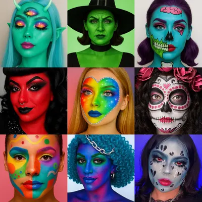 Showcases various creative makeup applications for costumes or special events, demonstrating the versatility and artistic possibilities of makeup products.