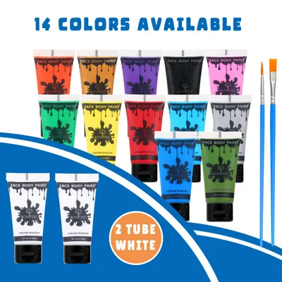 Showcases the wide range of 14 available colors and included brushes to highlight the product's versatility and value.