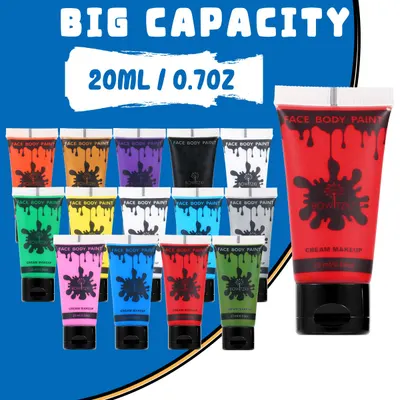 Highlights the large volume of face paint in each tube to emphasize value for money. Showcases the wide range of face paint colors available in the set to appeal to customers looking for versatility.
